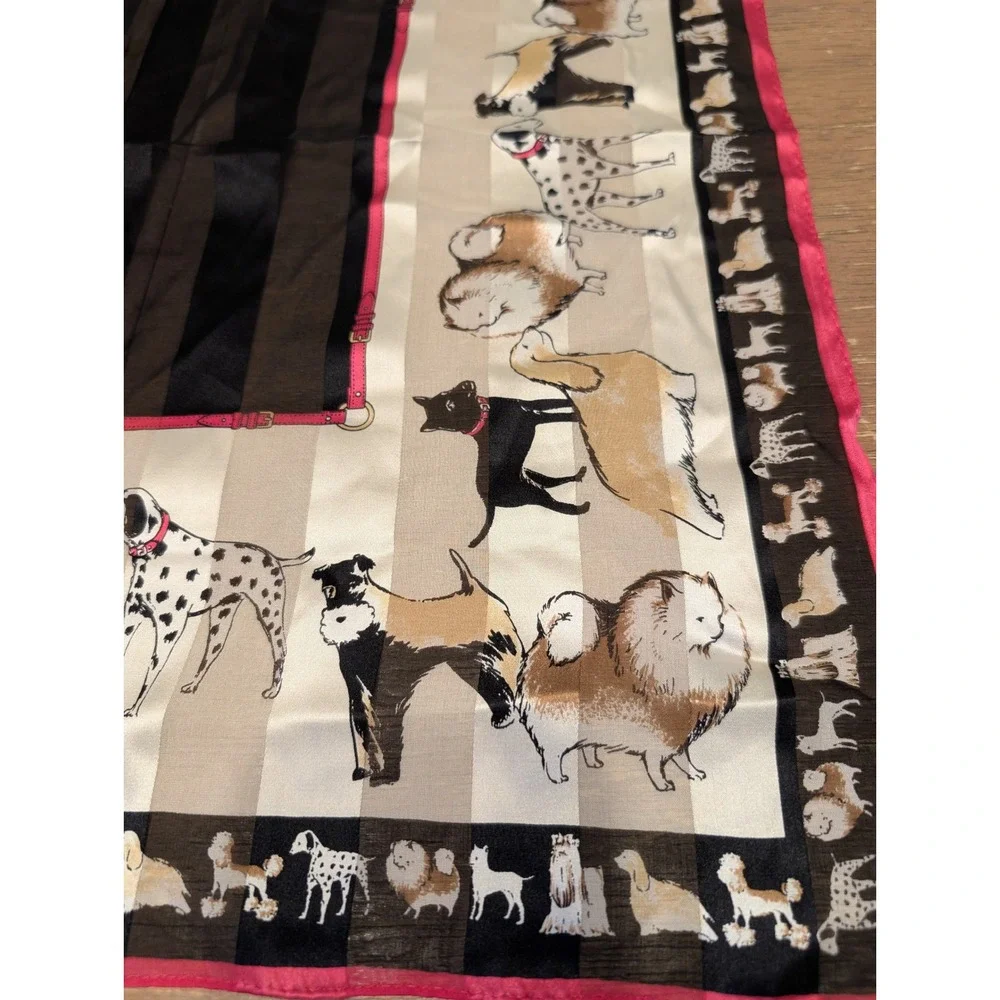 Vintage Style Dog Breed Print Square Scarf Striped Silk Blend Parisian purse